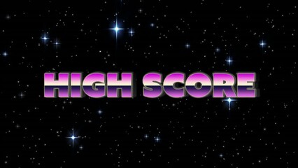 Animation of high score text in pink metallic letters over stars and spots of light