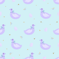 Seamless Easter pattern with rabbits and geese. Vector illustration in cute doodle style.