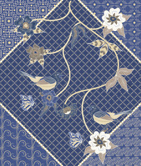 Asian traditional batik, Indonesian abstract pattern of birds and flowers.