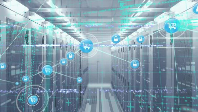 Animation of interference, data processing and network of connections over server room - Powered by Adobe