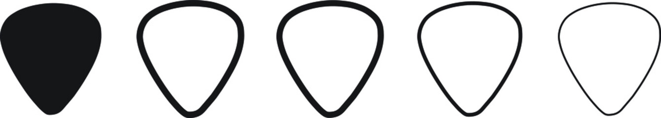 Guitar pick icons in five different versions in a flat design.