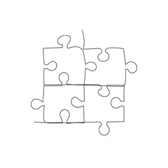 Continuous line one drawing of puzzle jigsaw pieces. Illustration icon vector