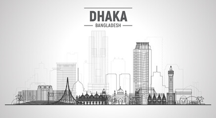 Obraz premium Dhaka Bangladesh line skyline with panorama in white background. Vector Illustration. Business travel and tourism concept with modern buildings. Image for banner or website.