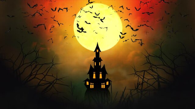 4K Flying bats Halloween bright full moon and old castle silhouette. scary house at dark night Backgrounds. horror, Halloween, grunge, fairy-tale, fantasy, magic dramatic, spooky and scary background