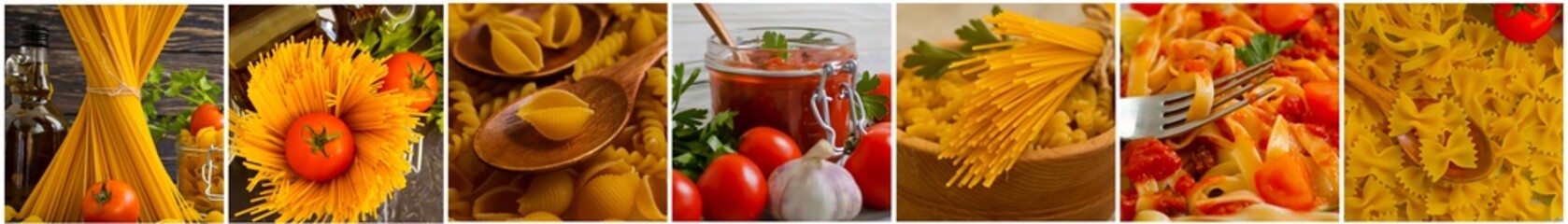 pasta, fresh tomatoes collage background