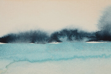 Abstract watercolor and acrylic flow blot smear painting. Color canvas texture horizontal background.