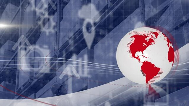 Animation of globe rotating, arrows and technology icons over navy background