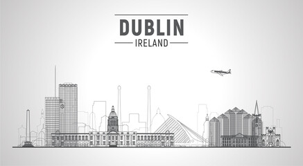Fototapeta na wymiar Dublin, ( Ireland ) city skyline vector illustration on sky background. Business travel and tourism concept with modern buildings. Image for presentation, banner, website.