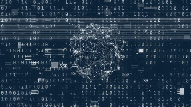 Animation of globe, data processing and binary code on navy background