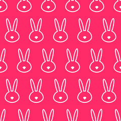 Seamless pattern with kawaii bunny head. Cute cartoon rabbit muzzle white on pastel pink background. Easter, baby shower, kid’s clothes, textile design. Vector illustration