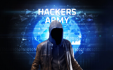 Faceless hacker at work, security concept