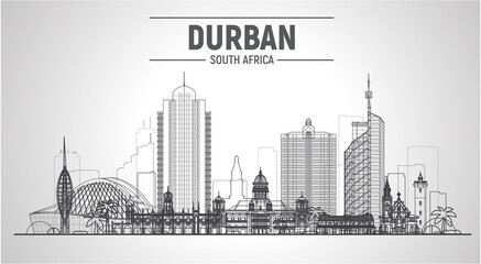 Durban (South Africa)line skyline with a panorama on white background. Stroke vector Illustration. Business travel and tourism concept with modern buildings. Image for banner or website. - obrazy, fototapety, plakaty
