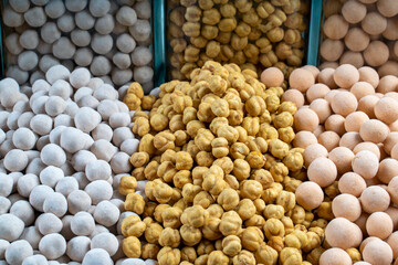 diffierent types of chickpeas,white chickpeas,coated chickpeas,salty chickpeas