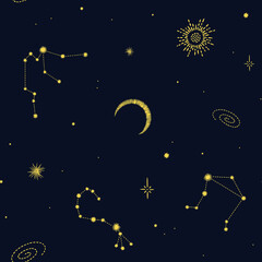 Obraz na płótnie Canvas Seamless cosmic vector pattern with stars, constellations and planets