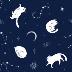 Obraz na płótnie Canvas Seamless vector pattern with cute funny cats in space. Cosmic background with stars, constellations and moon.