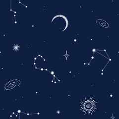 Fototapeta premium Seamless cosmic vector pattern with stars, constellations and planets