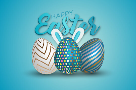 Happy Easter day holiday Background with 3D egg on shiny Blue background