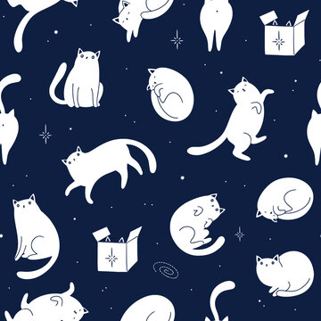 Seamless vector pattern with cute funny cats in space. Cosmic background with stars, constellations and moon.