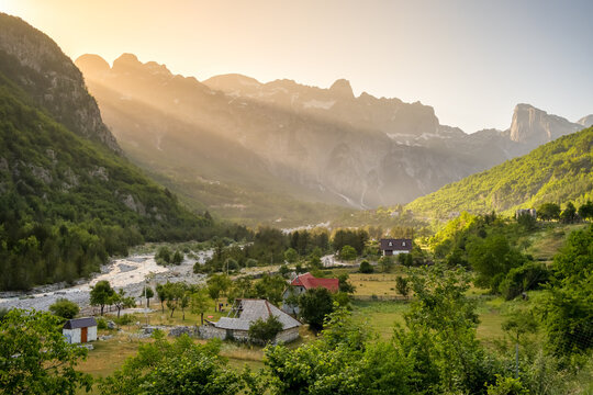Landscape of the Theth village in Prokletije Mountains at sunset, Albania.