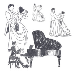 classic grand piano and couples waltzing