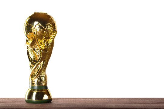 Moscow, Russia - April, 2022: FIFA World Cup Trophy against white isolated background.