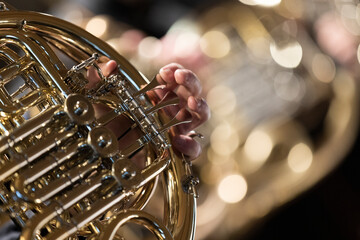 A person playing a French horn during a concert. An instrument from the brass section.