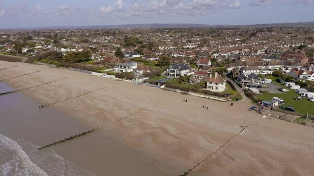 East Preston village Seafront and beach in West Sussex on the south coast of England, Aerial Video.
