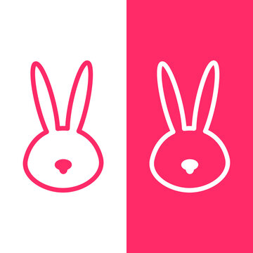 Two simple linear kawaii icons of bunny head, and white. Cute cartoon rabbit muzzles isolated pink on white and white on pink background. Easter, baby shower, kid’s clothes, textile design