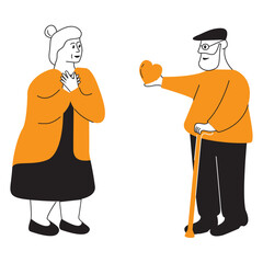 Grandpa gives a heart to grandma.Elderly couple in love.Happy longevit.Day of elderly.Romantic relationships of grandparents. Hand drawn outline doodle. Isolated on white background.