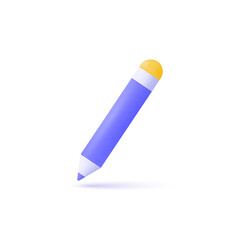 3d pencil icon in minimalistic cartoon style. subject for writing or drawing.