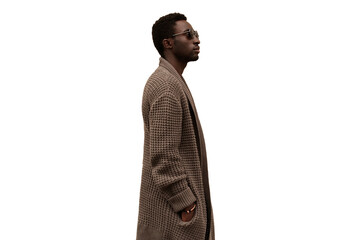 Fashionable portrait of stylish african man model looking away wearing knitted cardigan isolated on...