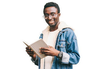 Portrait of young african man student with book looking at camera wearing eyeglasses isolated on white background