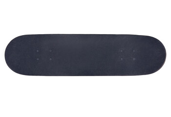 Close up surface black skateboard isolated on white background, flat lay, top view