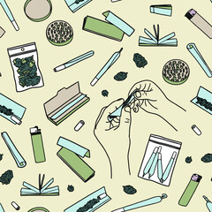 Seamless vector marijuana pattern with hands rolling a joint, rolling paper, buds, grinder, lighter. Cannabis background