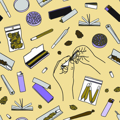 Seamless vector marijuana pattern with hands rolling a joint, rolling paper, buds, grinder, lighter. Cannabis background - obrazy, fototapety, plakaty