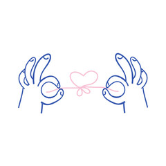 Cartoon hands finger hold a pink thread in the shape of a heart. Love concept. Hand drawn vector illustration on the white background.