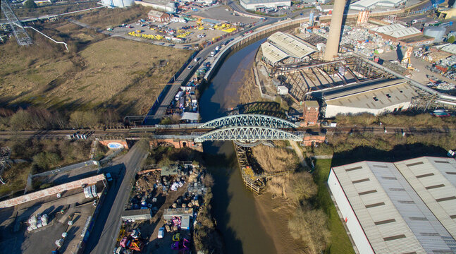 Bankside railway Bridge and operating cabin, grade 2 listed building, Bankside Kingston upon Hull, former Hull and Barnsley Steel bowstring span swing railway bridge