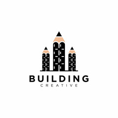 Creative building logo design vector template, modern logo concept pencil and building.