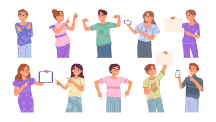 Pointing people, smiling presenter with hand gestures. Adult ad entrepreneurs presenting products on phone screen vector illustrations set. People pointing with index finger