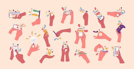 Fototapeta na wymiar Hands holding smartphone, money, pen and credit cards. Devices, pen, joystick and flag in human hands vector symbols illustrations. Gesture hands set