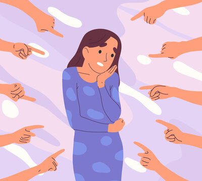 Ashamed, sad, depressed person with hands pointing index fingers. Indignant people blaming and pointing fingers at young woman vector illustration. Accusation concept