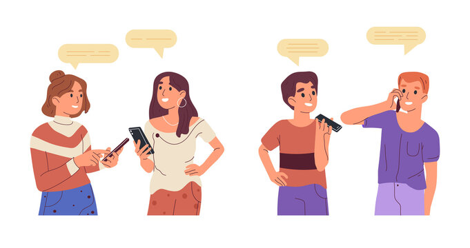 Girls and boys talking on cellphone, people with mobile phones. Teenagers typing and chatting on smartphone vector symbols illustrations set. Teen couples with gadgets