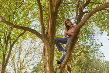 young woman browsing smartphone while sitting on a tree trunk in a park