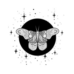 Occult illustration of flying moth. Hand drawn celestial element with moon phases. Flying butterfly alchemy logo design