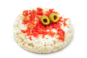 Rice Cake Sandwich with Bell Pepper, Cottage Cheese and Olives - Isolated on White. Easy Breakfast. Quick and Healthy Sandwiches. Crispbread with Tasty Filling. Healthy Dietary Snack - Isolation