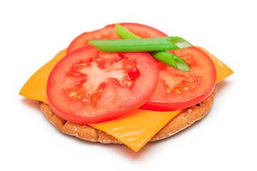 Crispy Cracker Sandwich with Tomato, Cheese and Green Onions - Isolated on White. Easy Breakfast. Quick and Healthy Sandwiches. Crispbread with Tasty Filling. Healthy Dietary Snack - Isolation