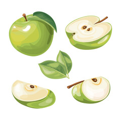 Set of green apples fruit with leaf in vector and various styles