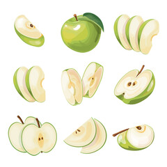 Bright vector set of colorful half, slice and segment of juicy green apple. Fresh cartoon apples on white background.