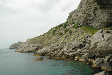 Scenic view of huge cliffs and sea. Sea bay surrounded by rocky mountains. The Black Sea coast is...