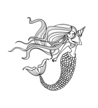 Mermaid or siren silhouette with long hair and shell. Doodle vector illustration. Coloring book page, icon, emblem or print. Cartoon character.  Outlined image. Black and white